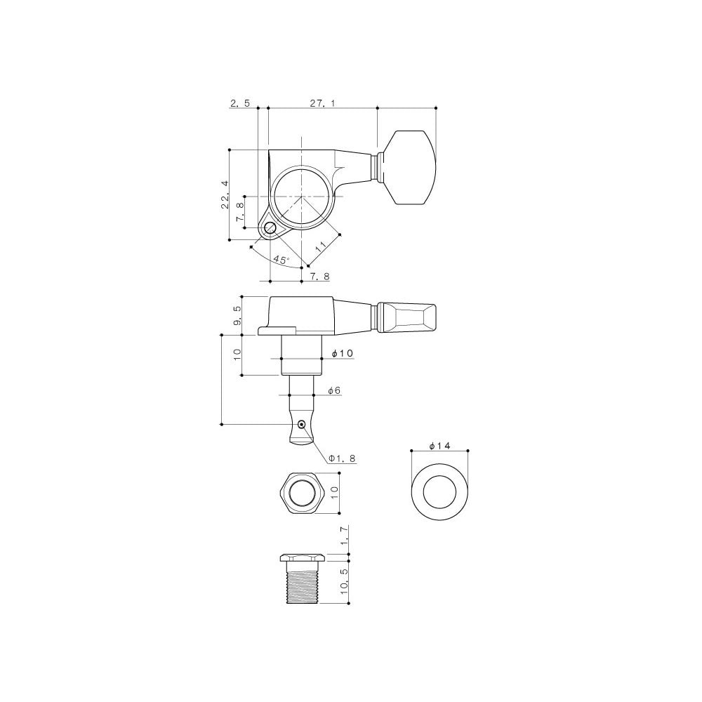 6 In Line Left Hand Locking Contemporary Diecast Series Tuning Machines 19:1 Gear Ratio