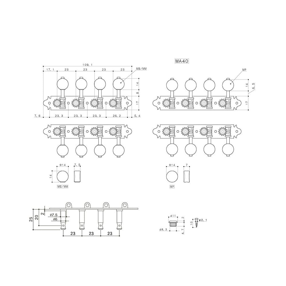 MA40 A-Style Mandolin Machine heads with MM Buttons, 14:1 Gear Ratio