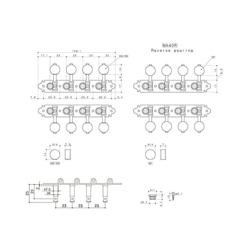 MA40 Reverse Wind A-Style Mandolin Machine heads with MM Buttons, 14:1 Gear Ratio