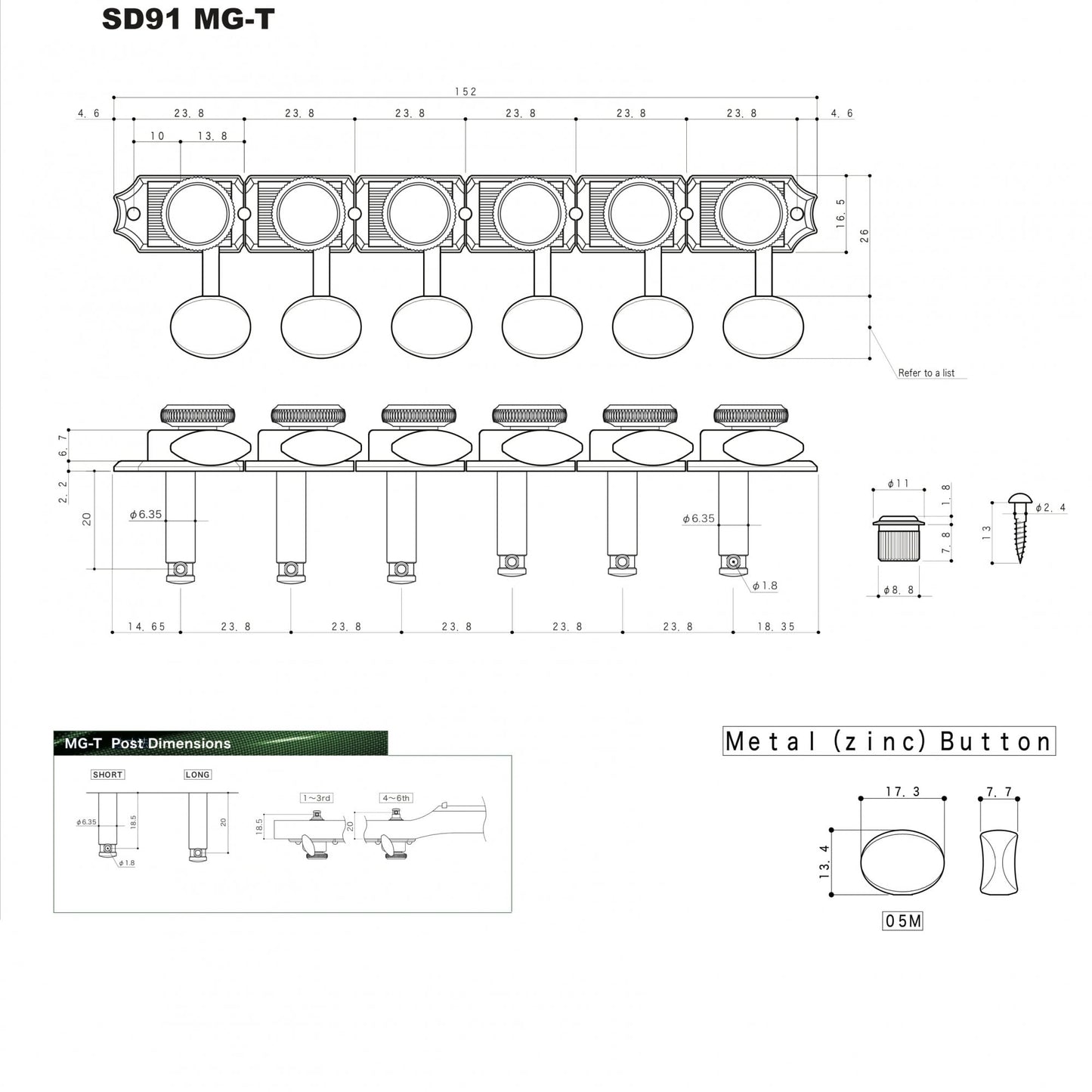 SD91 Vintage Magnum Lock Traditional Tuners 6 In Line 15:1 Gear Ratio