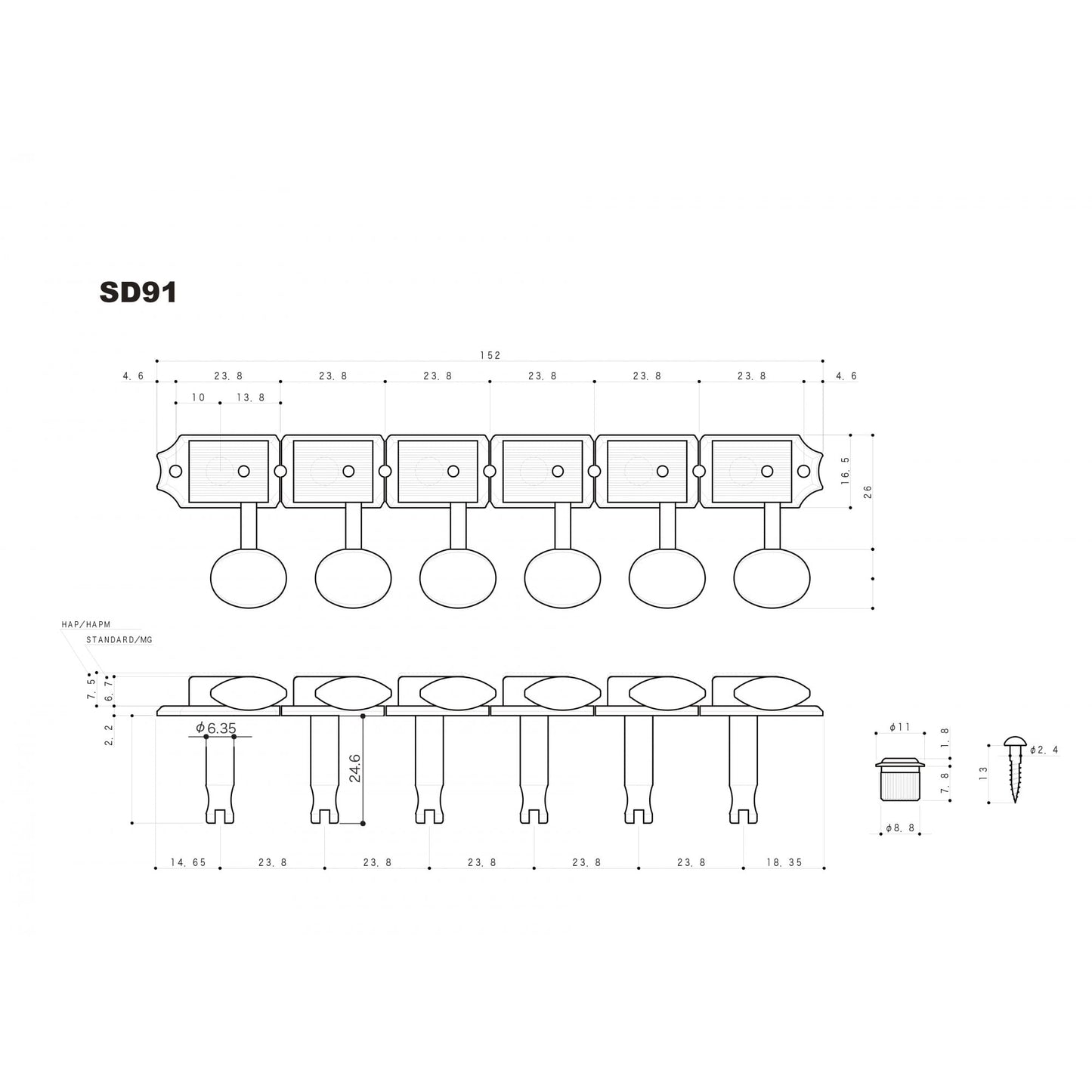 SD91-05M 6 In Line Vintage Style Tuners For Vintage Fender Guitars