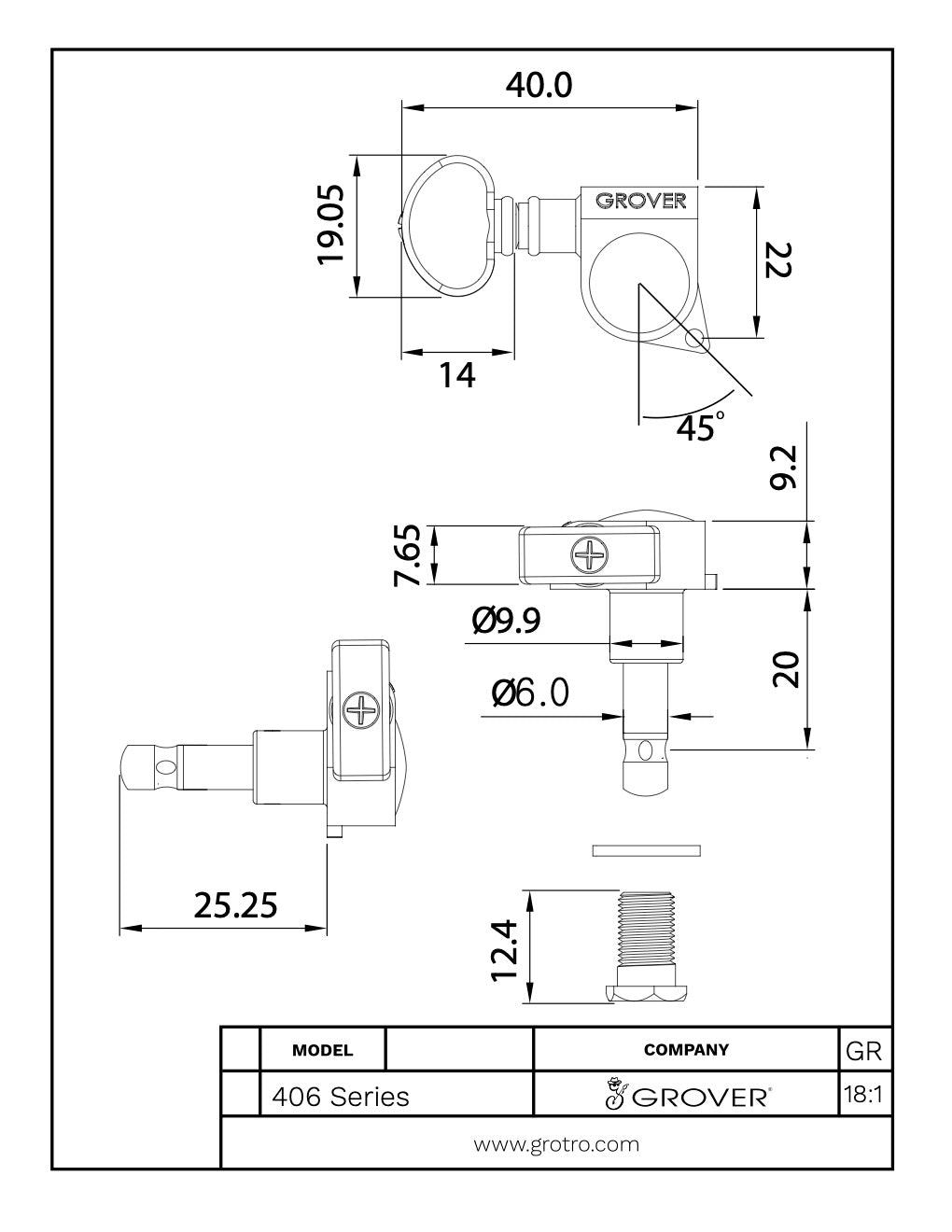 Locking Rotomatic Tuners Mini 6 In Line (406 Series) 18:1 Gear Ratio