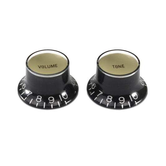 Bell Knob (Set of 2, 1 x Volume 1 x Tone) Black With Gold Inserts, Embossed White Numbers, USA fit and CTS pots