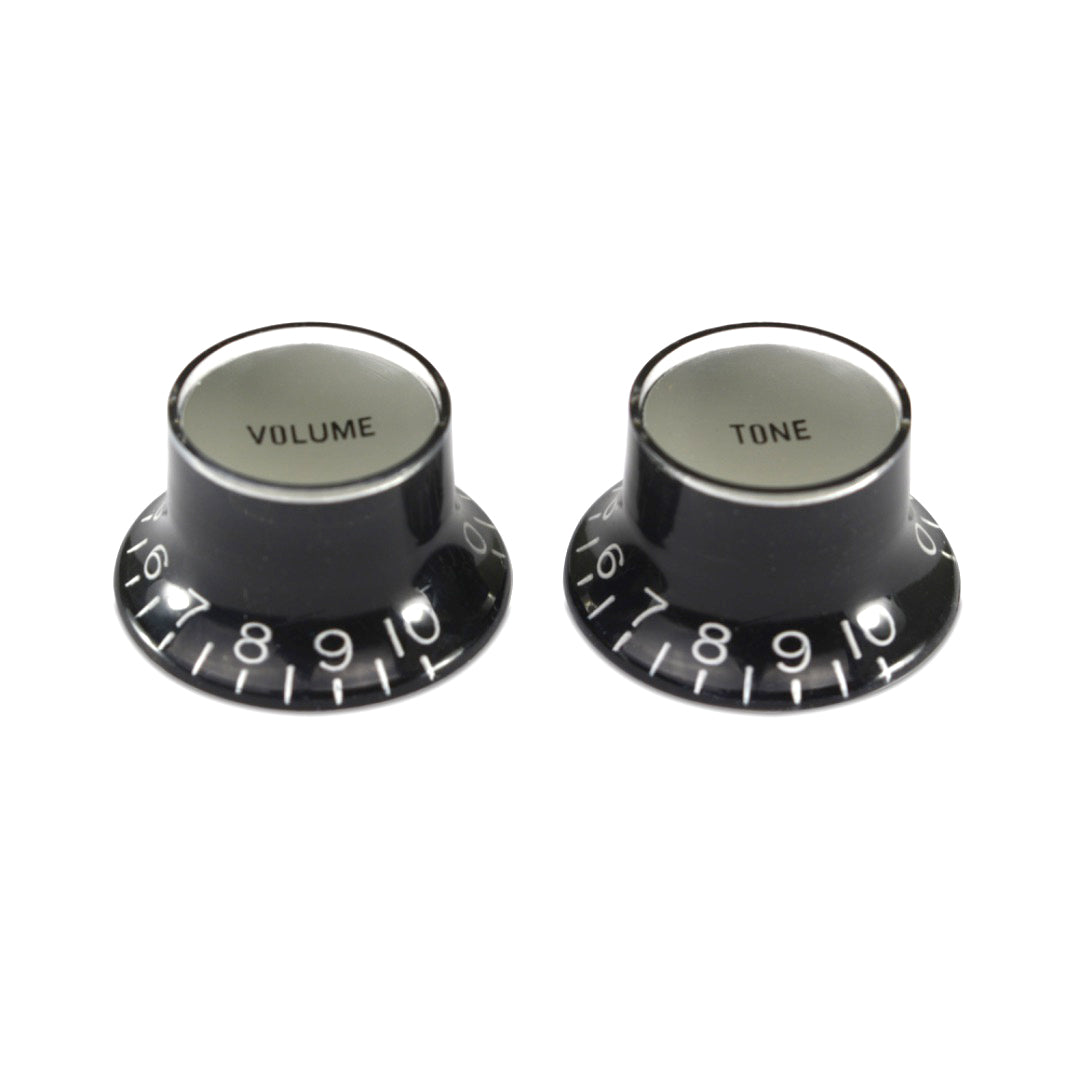 Bell Knob (Set of 2, 1 x Volume 1 x Tone) Black With Silver Inserts, Embossed White Numbers, USA fit and CTS pots