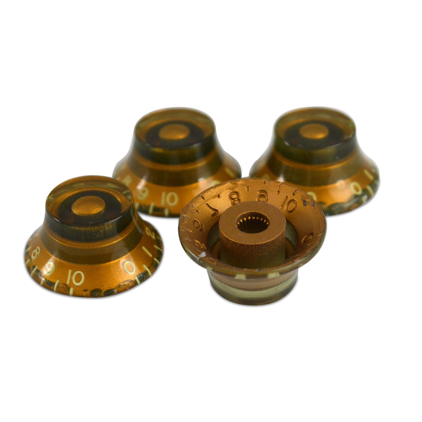 Bell Knob (Set of 4) Relic Gold, CAB Material, Embossed Off-White Numbers, USA fit and CTS pots