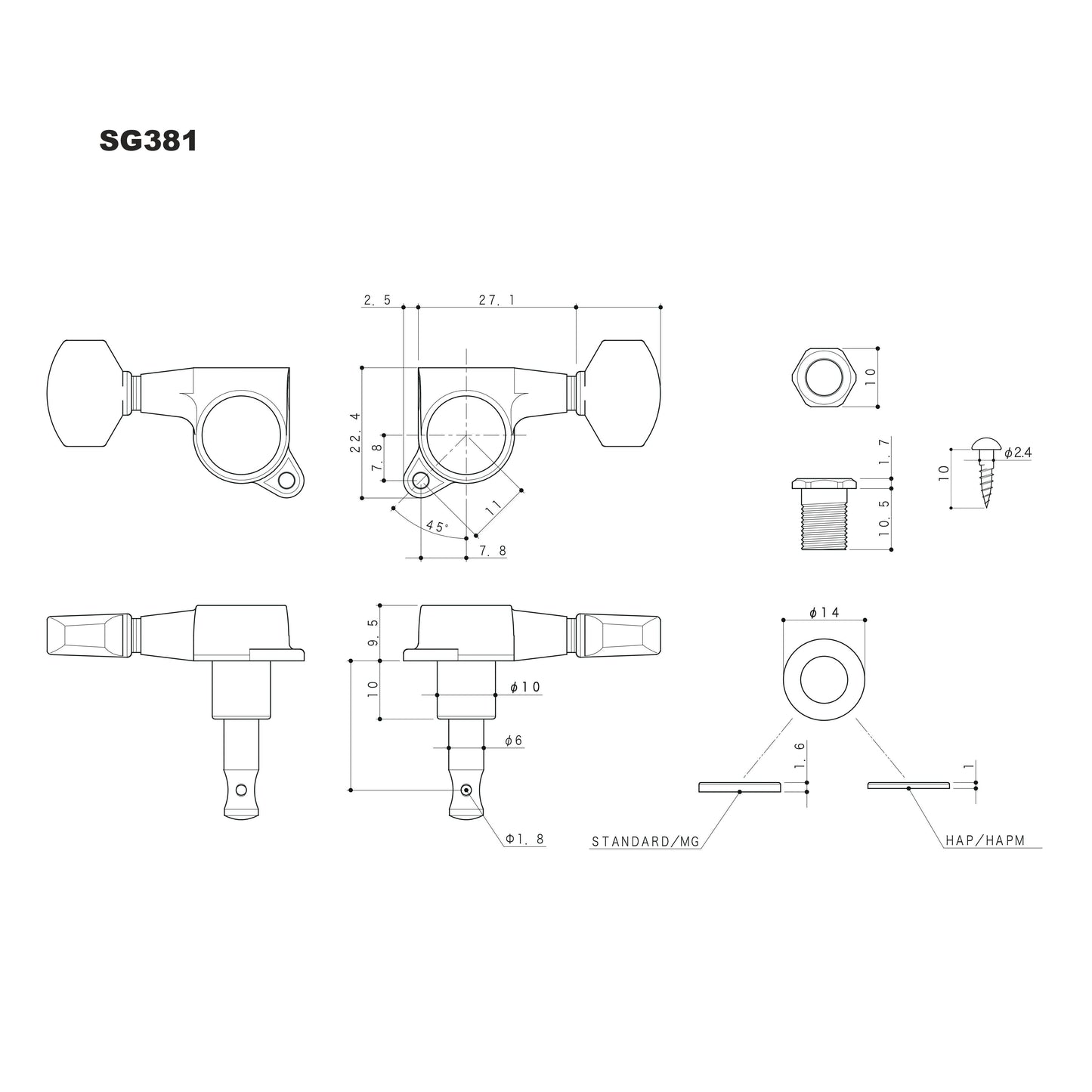 SG381 Magnum Lock Traditional Tuners 3 Per Side, 07 Mini Buttons 16:1 Gear Ratio