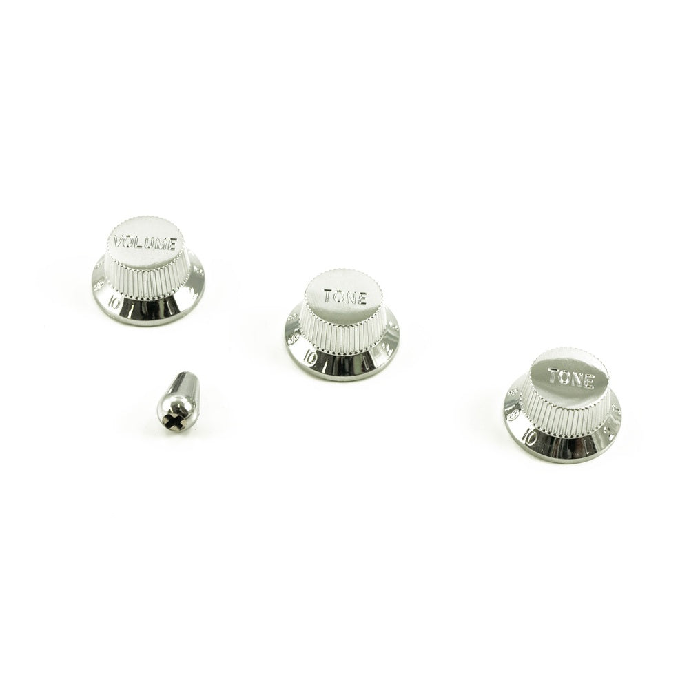 Replacement Strat Knob Set with Switch Tip in Chrome, USA fit (For 24 spline pots and USA Switches)