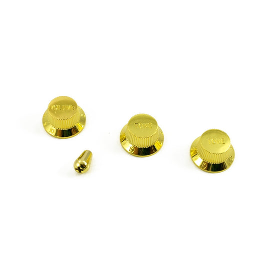 Replacement Strat Knob Set with Switch Tip in Gold, USA fit (For 24 spline pots and USA Switches)