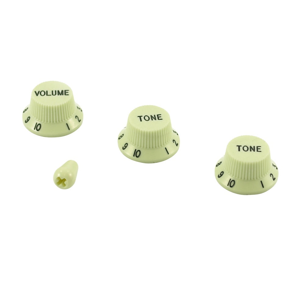 Replacement Strat Knob Set with Switch Tip in Vintage Mint Green, USA fit (For 24 spline pots and USA Switches)