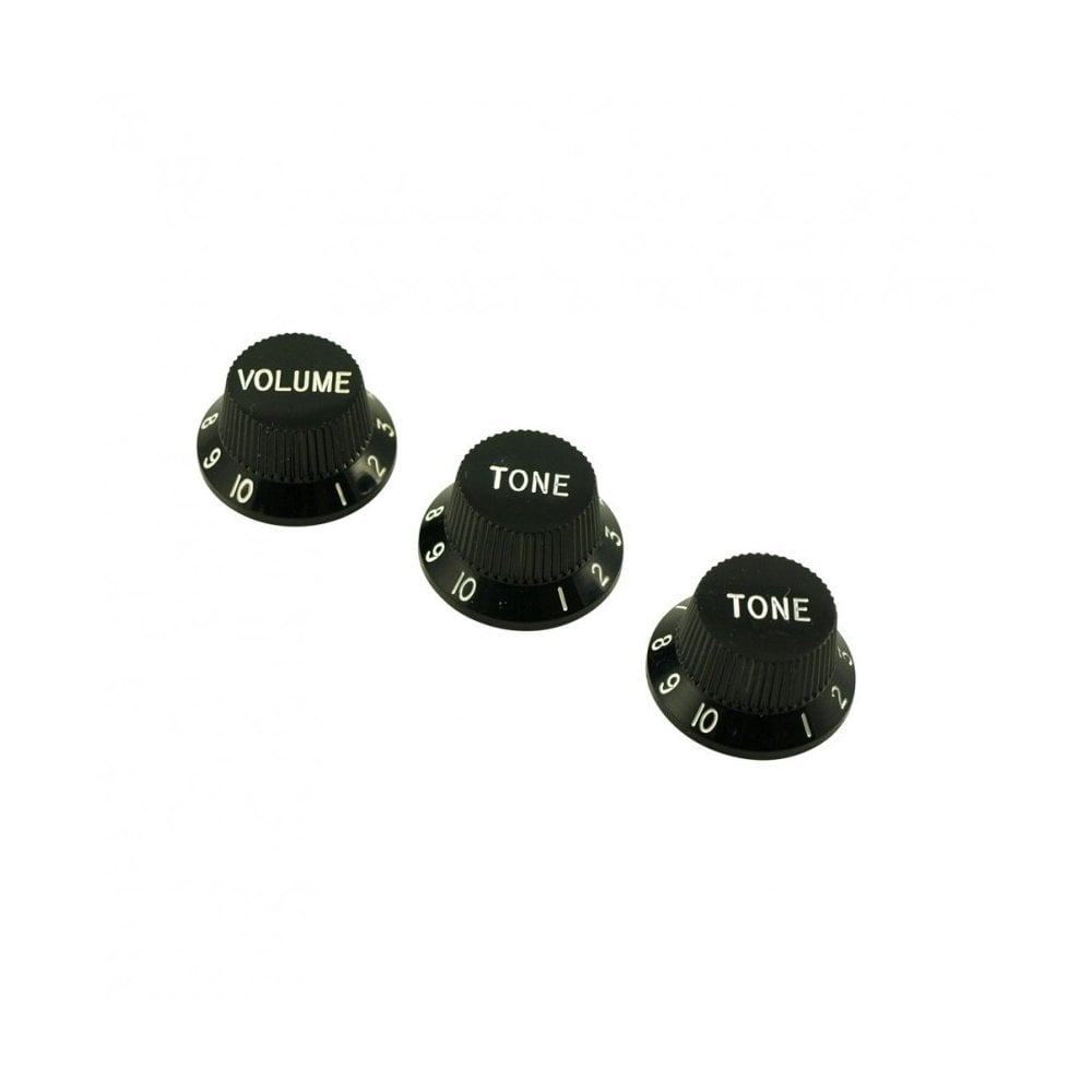 Replacement Strat Knob Set in Black, Metric Fit Pots (18 spline)