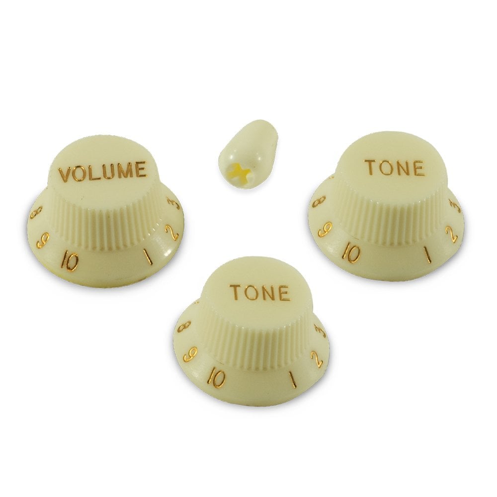 Replacement Strat Knob Set with Switch Tip in Parchment, USA fit (For 24 spline pots and USA Switches)